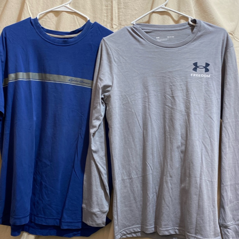 Two men’s/unisex t-shirts. Armour- sm long sleeve Eddie Bauer xl short sleeve